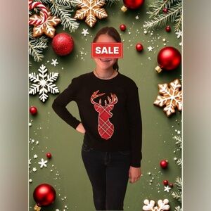 Women’s Christmas Sweatshirt, Black, Reindeer In Plaid, Size Small